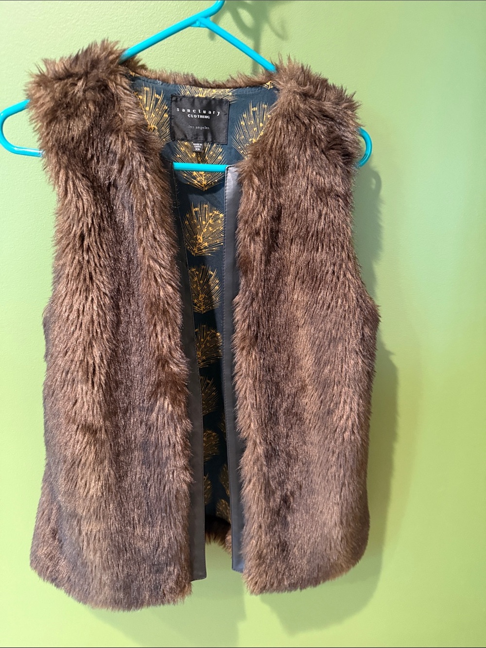 Sanctuary Brown Faux Fur Vest with Patterned Lining